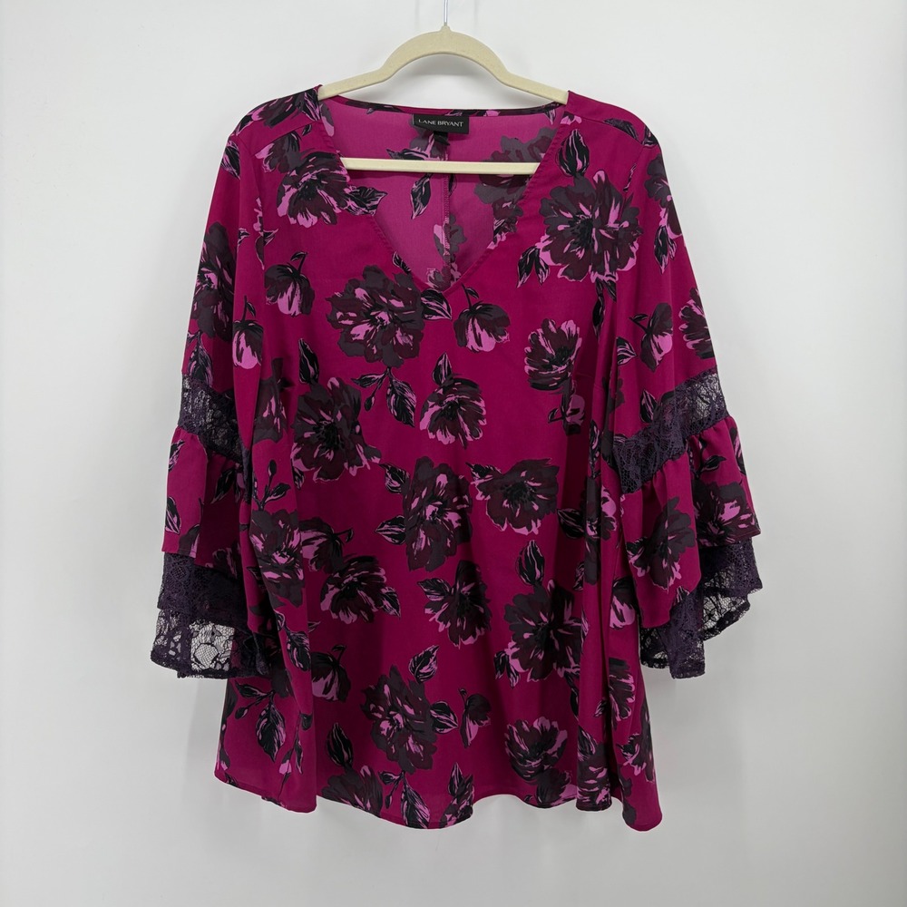 Lane Bryant Womens 18/20 Magenta Floral Bell Sleeve Lace Trim V-Neck Blouse